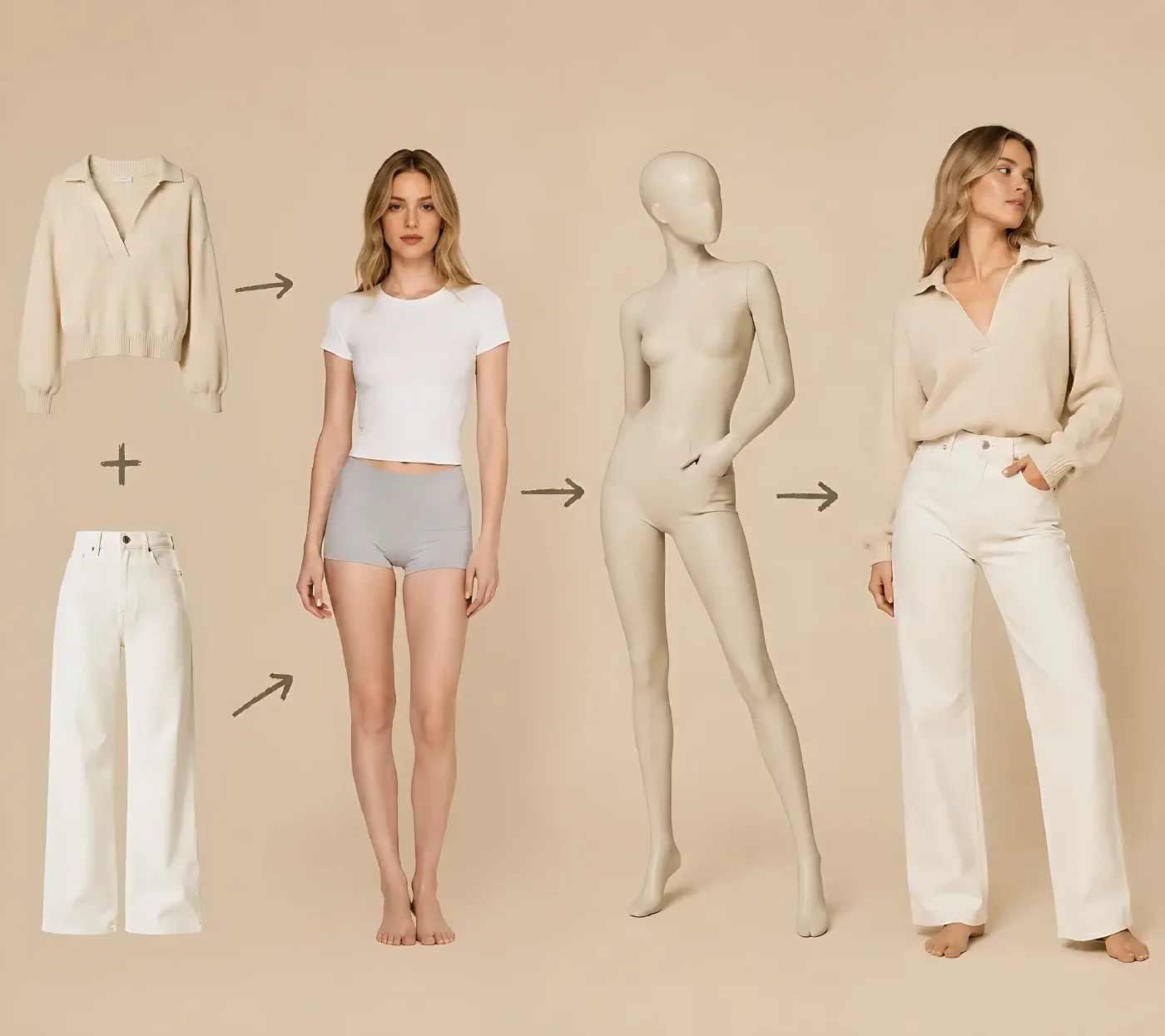 AI virtual try-on result showing a model wearing apparel