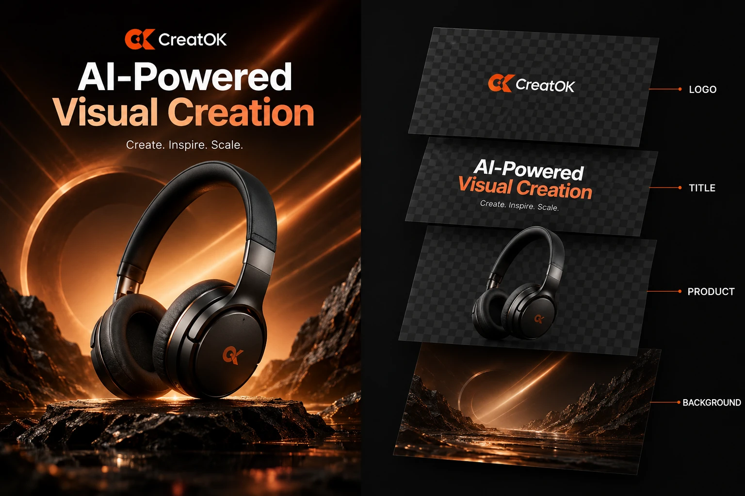 Poster headphone CreatOK di samping layer logo, judul, produk, dan latar yang terpisah