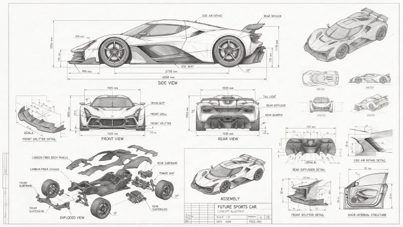 Seedream 5.0 Pro example: Blueprint Sports Car Study